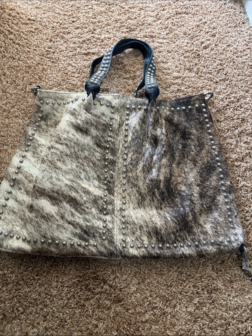 Raviani Brown and Cream Haircalf Stud Tote